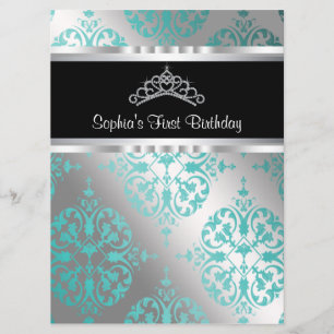 Invitation Turquoise Blue Damask Tiara Princess Parc d'annive