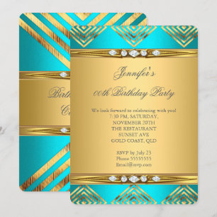 Invitation Turquoise Blue Deco Stripe Gold Diamond Party
