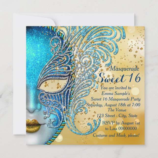Invitation Turquoise Blue et Gold Sweet 16 Masquerade Party (Devant)