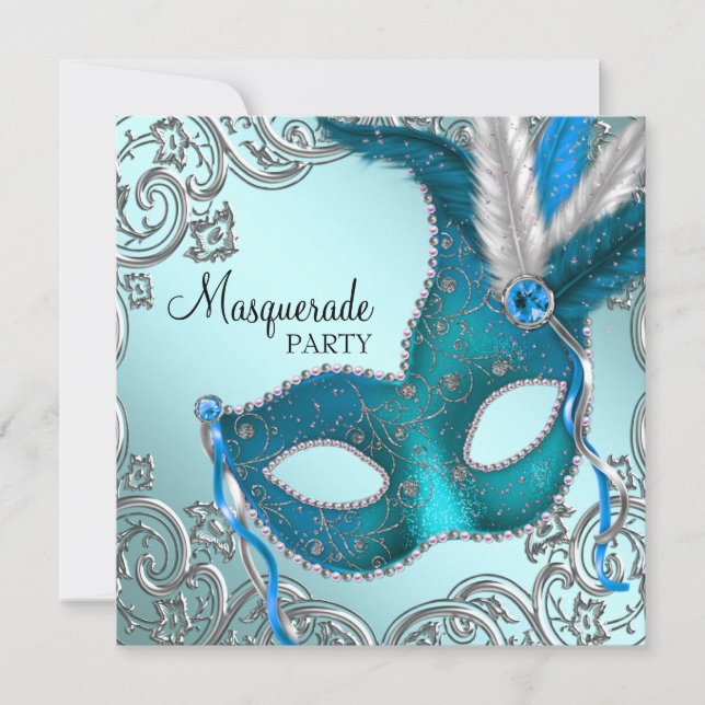 Invitation Turquoise Blue et Mascarade Mascarade Mascarade Ma (Devant)
