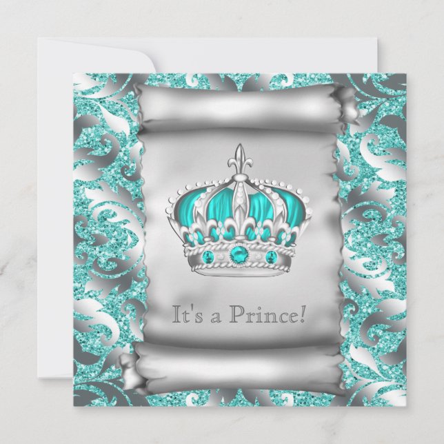 Invitation Turquoise Blue et Silver Prince Boy Baby shower (Devant)