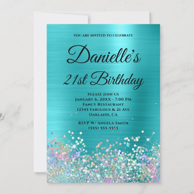 Invitation Turquoise Blue Foil Holo Parties scintillant Fancy (Devant)