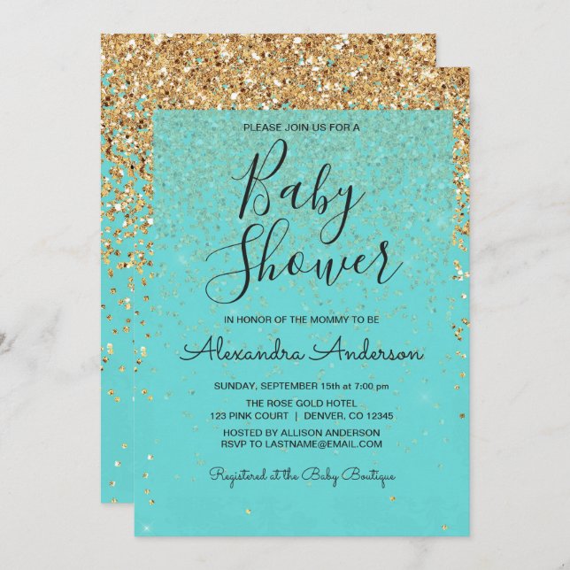 Invitation Turquoise Blue Girly Parties scintillant Sparkle B (Devant / Derrière)