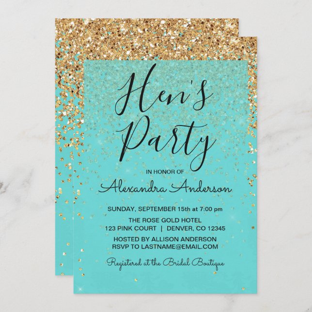 Invitation Turquoise Blue Girly Parties scintillant Sparkle H (Devant / Derrière)