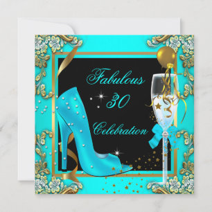 Invitation Turquoise Blue Gold 30th High Heels fête d'anniver