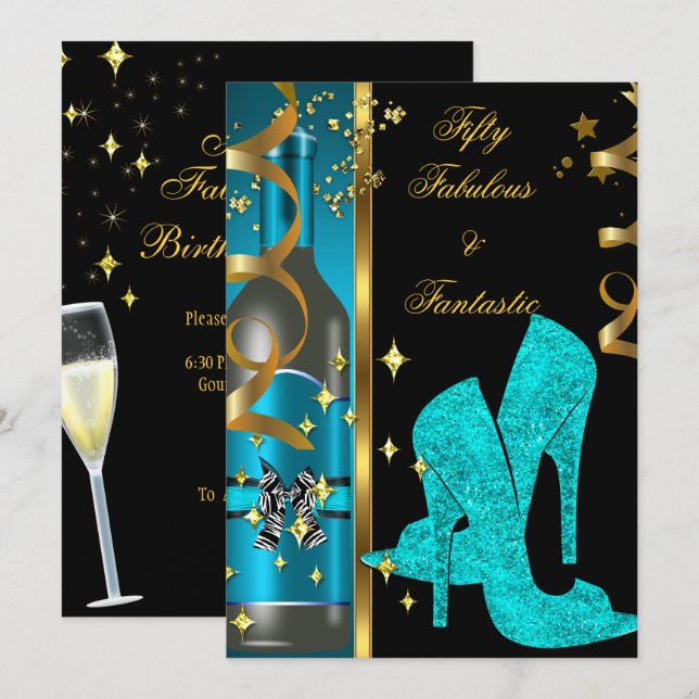 Invitation Turquoise Blue Gold 50 & Fabulous Fantastic Birthd (Devant / Derrière)