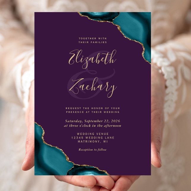 Invitation Turquoise Blue Gold Agate Corners Purple Mariage (Créateur téléchargé)