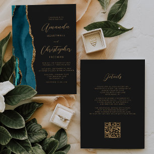 Invitation Turquoise Blue Gold Agate Dark QR Code Mariage
