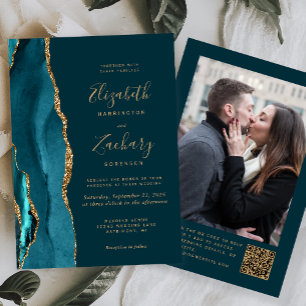 Invitation Turquoise Blue Gold Agate photo QR Code Mariage