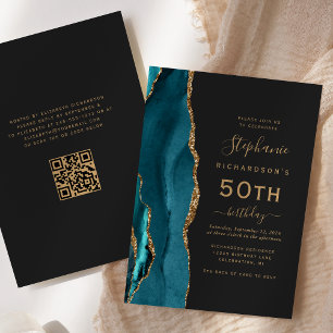 Invitation Turquoise Blue Gold Agate QR Code 50e anniversaire