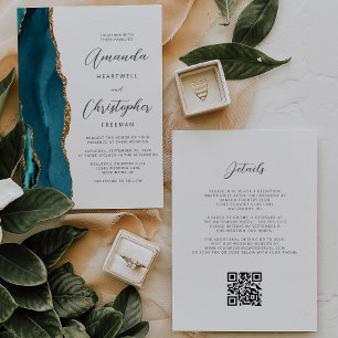 Invitation Turquoise Blue Gold Agate QR Code Mariage