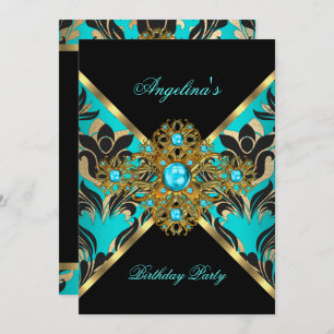 Invitation Turquoise Blue Gold Black Damask Floral Anniversai