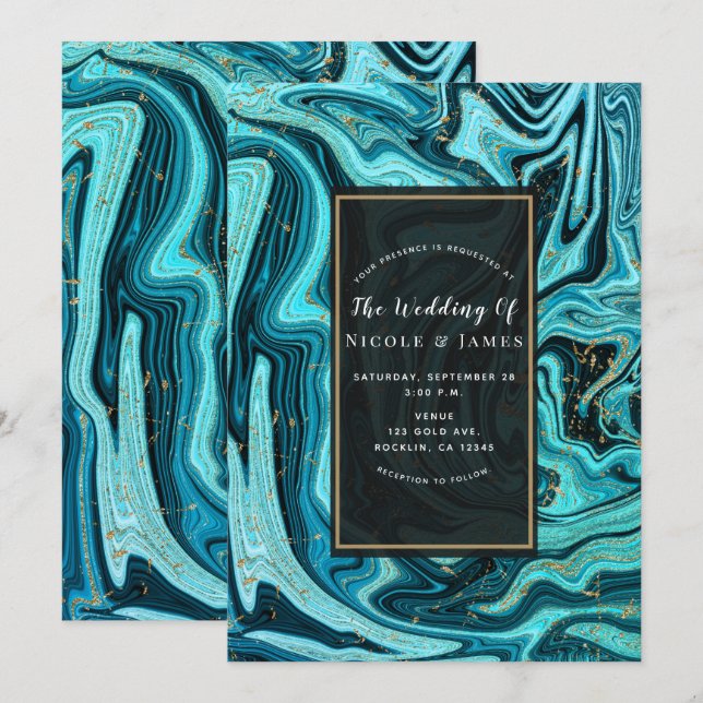 Invitation Turquoise Blue & Gold Chic Swirl Mariage moderne (Devant / Derrière)