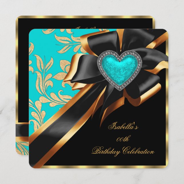 Invitation Turquoise Blue Gold Coeur Bow Noir fête d'annivers (Devant / Derrière)