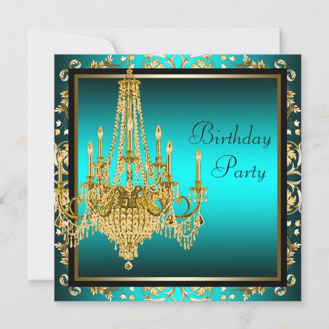 Invitation Turquoise Blue Gold Damask Chandelier fête d'anniv (Devant)