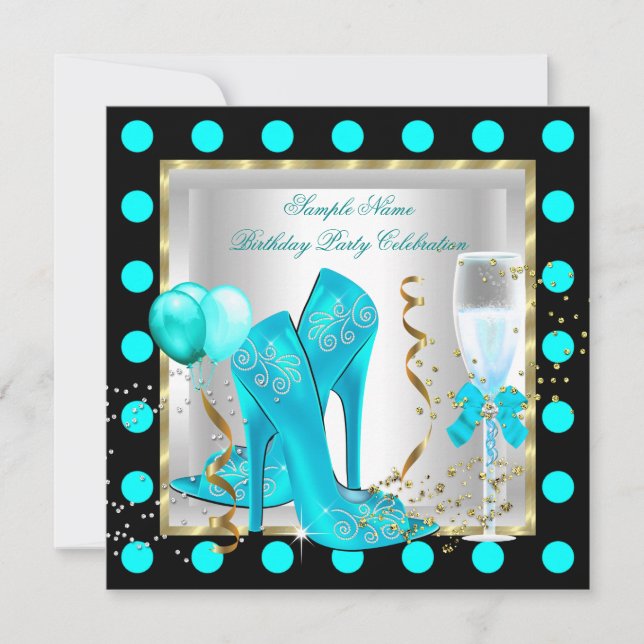 Invitation Turquoise Blue Gold Parties scintillant White Spot (Devant)