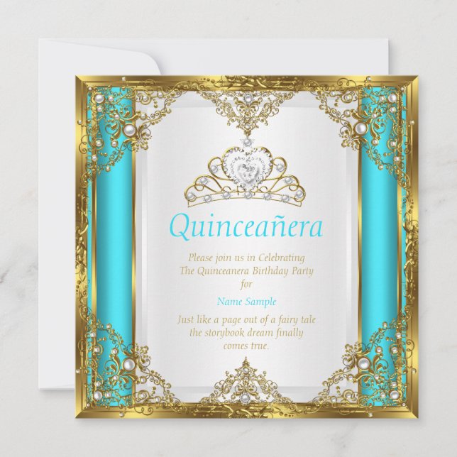 Invitation Turquoise Blue Gold White Pearl Princesse Quincean (Devant)