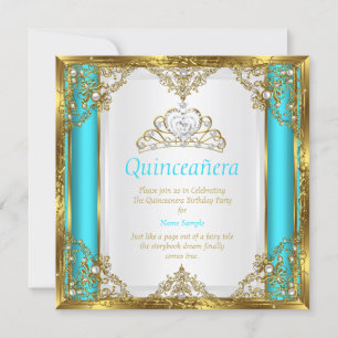 Invitation Turquoise Blue Gold White Pearl Princesse Quincean