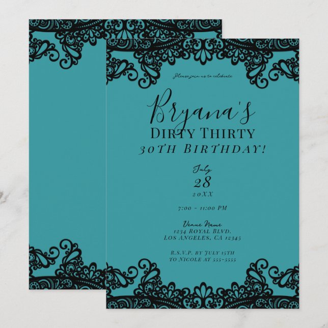Invitation Turquoise Blue Green Black Lace Dirty 30 30e anniv (Devant / Derrière)