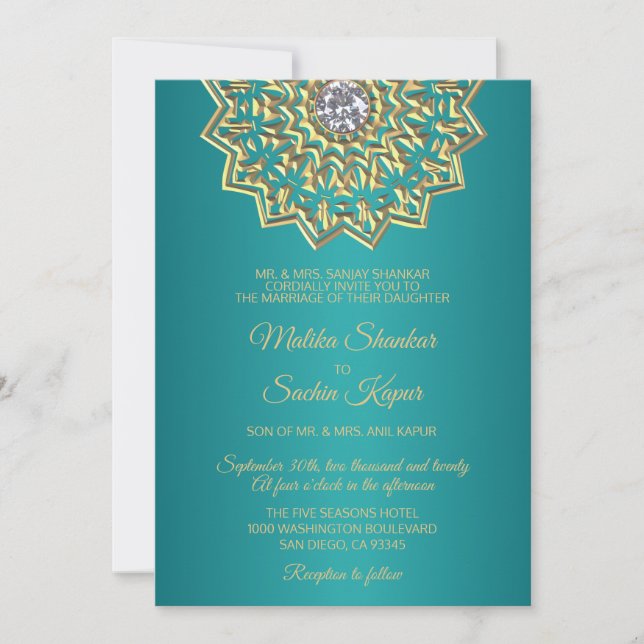 Invitation Turquoise Blue Green Mandala Gold Mariage indien (Devant)