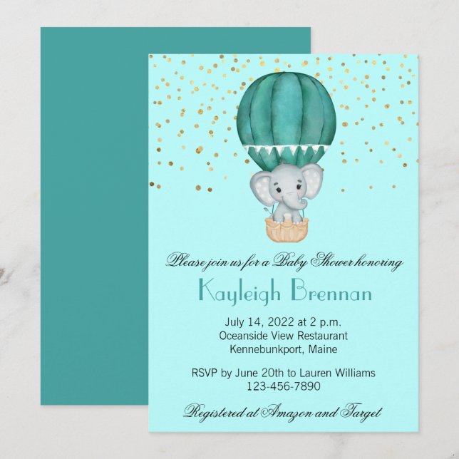 Invitation Turquoise Blue Hot Air Balloon Baby Boy Elephant D (Devant / Derrière)