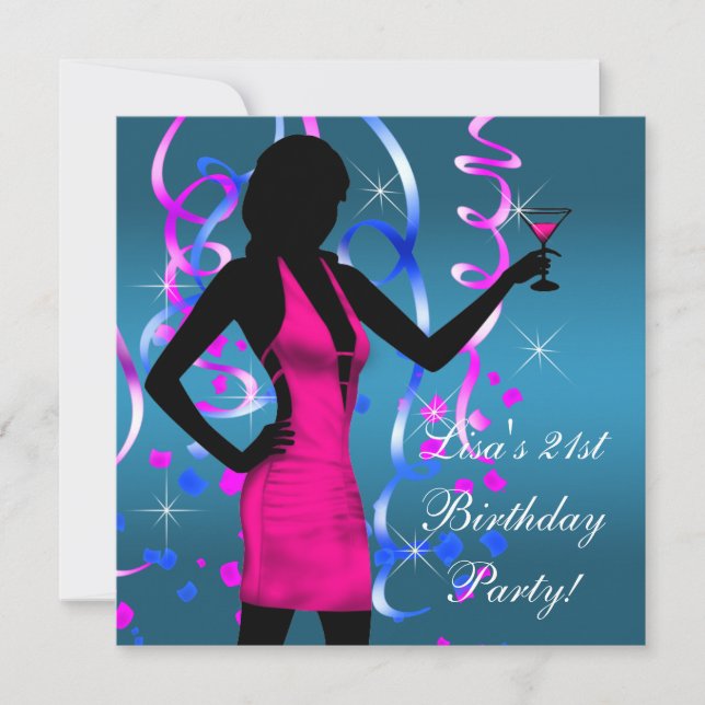 Invitation Turquoise Blue Hot rose 21e fête d'anniversaire (Devant)