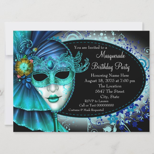 Invitation Turquoise Blue Midnight Masquerade Party (Devant)