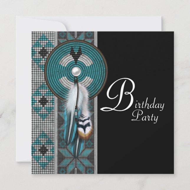 Invitation Turquoise Blue Native American Birthday Party (Devant)