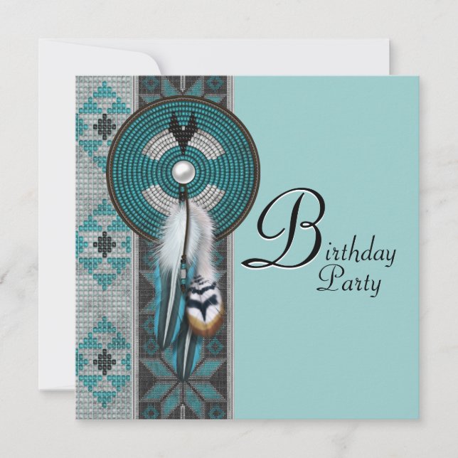 Invitation Turquoise Blue Native American Birthday Party (Devant)