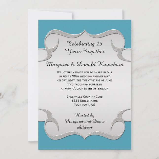 Invitation Turquoise Blue Ornate Argent Cadre 25e anniversair (Devant)
