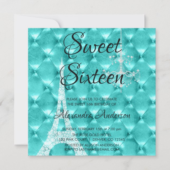 Invitation Turquoise Blue Paris Sweet sixteen Fête d'annivers (Devant)