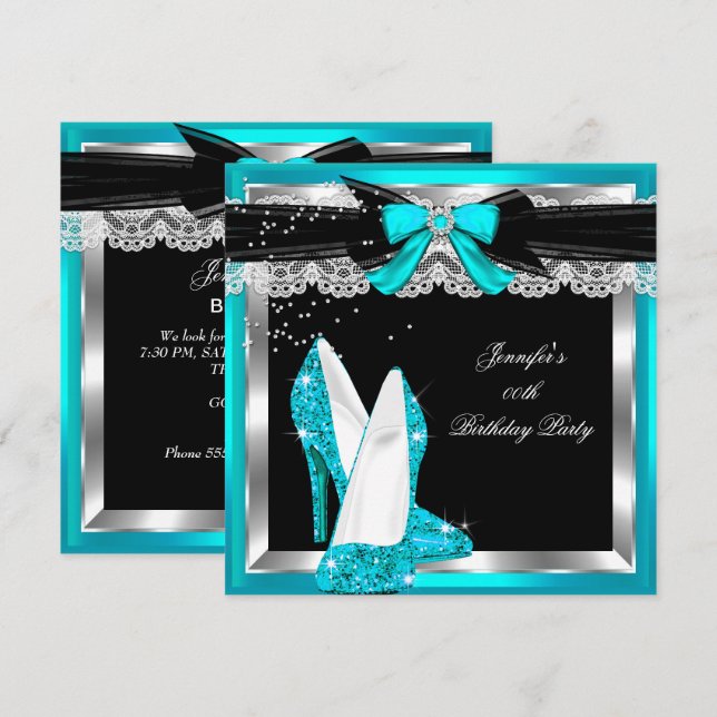 Invitation Turquoise Blue Parties scintillant Hi Heures Silve (Devant / Derrière)