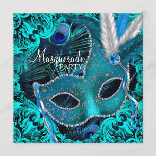 Invitation Turquoise Blue Peacock Masquerade Party