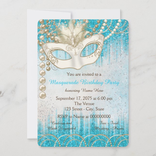 Invitation Turquoise Blue Pearl Aquarelle Masquerade Party (Devant)
