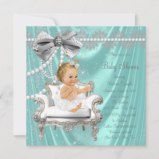 Invitation Turquoise Blue Pearl Chaise Girl Baby shower Invit (Devant)