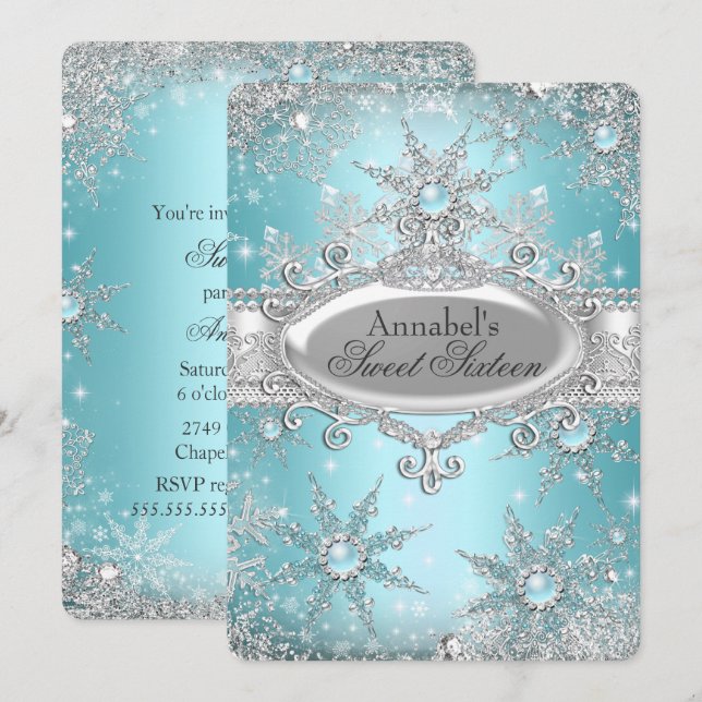 Invitation Turquoise Blue Princess Winter Wonderland Sweet 16 (Devant / Derrière)
