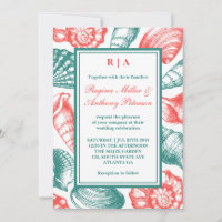 Turquoise Blue Red Seashells Plage Mariage Invitat