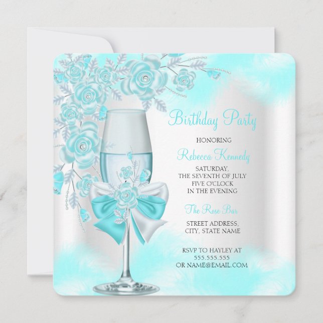Invitation Turquoise Blue Rose Champagne White Floral Party (Devant)