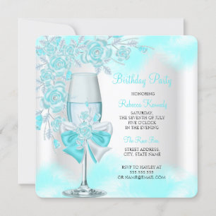 Invitation Turquoise Blue Rose Champagne White Floral Party