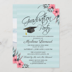 Invitation Turquoise Blue Rose Floral Gold Script Photo Gradu