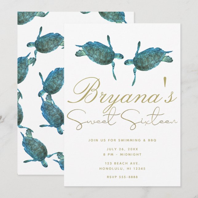 Invitation Turquoise Blue Sea Turtles Beach Gold Sweet 16 Par (Devant / Derrière)
