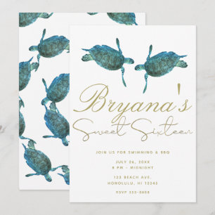 Invitation Turquoise Blue Sea Turtles Beach Gold Sweet 16 Par