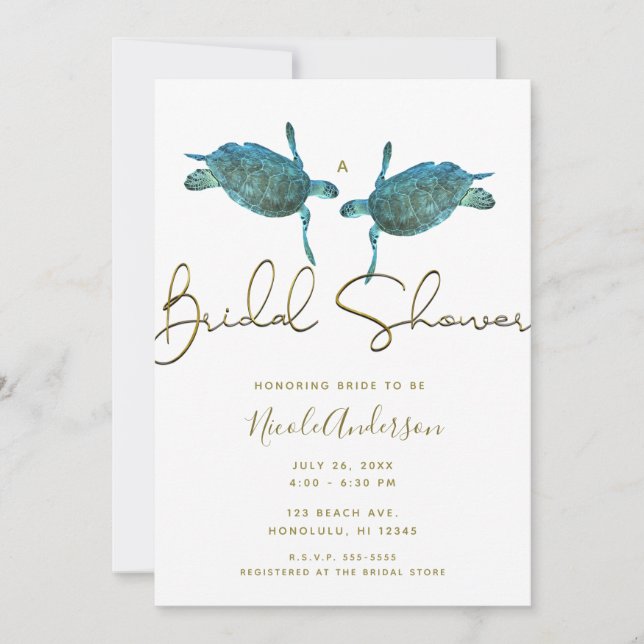 Invitation Turquoise Blue Sea Turtles Gold Beach Fête des mar (Devant)