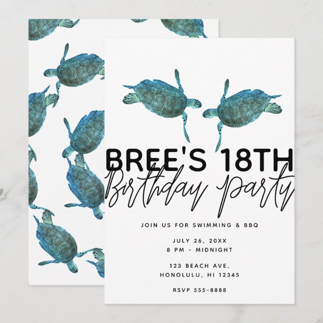 Invitation Turquoise Blue Sea Turtles Ocean Beach Anniversair (Devant / Derrière)