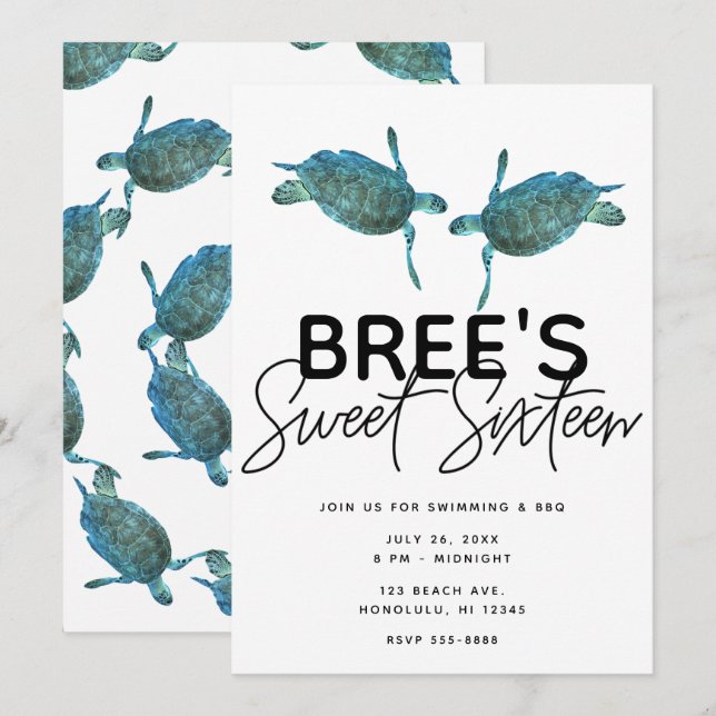 Invitation Turquoise Blue Sea Turtles Ocean Beach Sweet 16 Pa (Devant / Derrière)