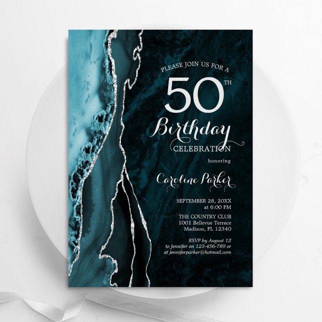 Invitation Turquoise Blue Silver Agate 50e anniversaire (Créateur téléchargé)
