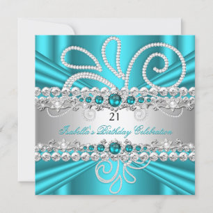 Invitation Turquoise Blue Silver Diamonds Pearl fête d'annive