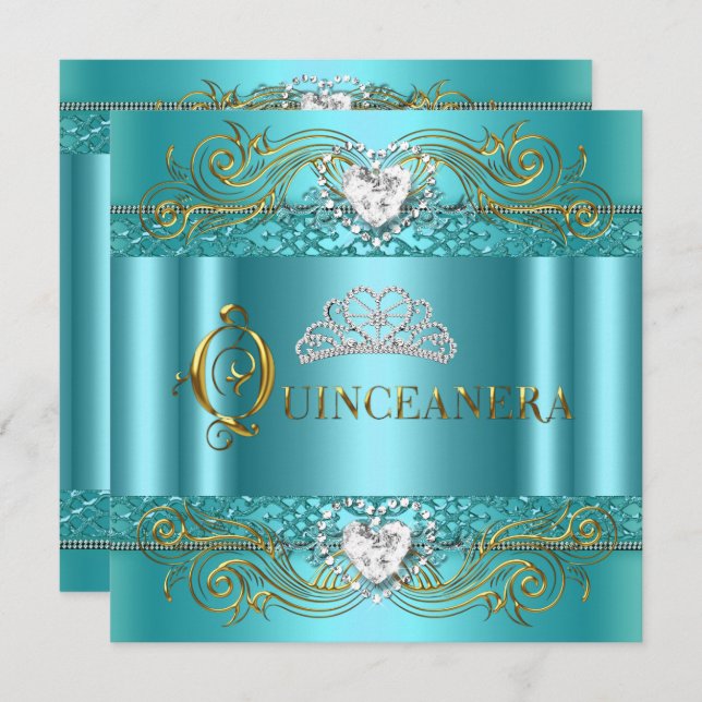 Invitation Turquoise Blue Silver Gold Quinceanera fête d'anni (Devant / Derrière)