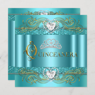 Invitation Turquoise Blue Silver Gold Quinceanera fête d'anni