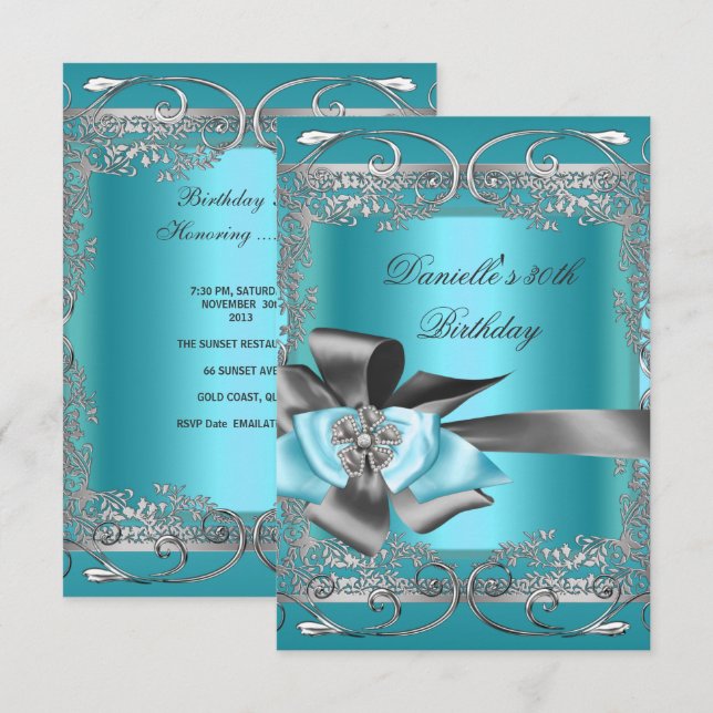 Invitation Turquoise Blue Silver Grey fête d'anniversaire 30e (Devant / Derrière)